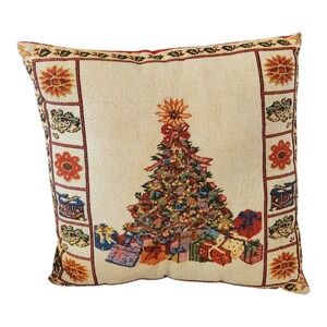 Tapestry Christmas Tree Pillow Cover Festive Holiday Decor Cream Red Accent